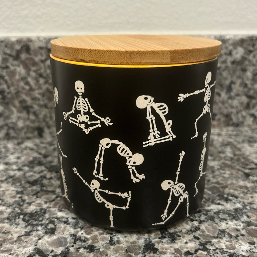 Eli+Ana Halloween NAMASTE SKELETON YOGA POSES Ceramic Covered Canister 4"-